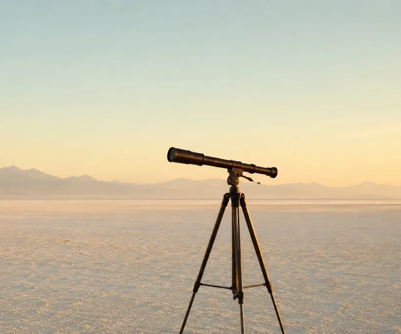 Une longue-vue sur trépied face au paysage au coucher du soleil